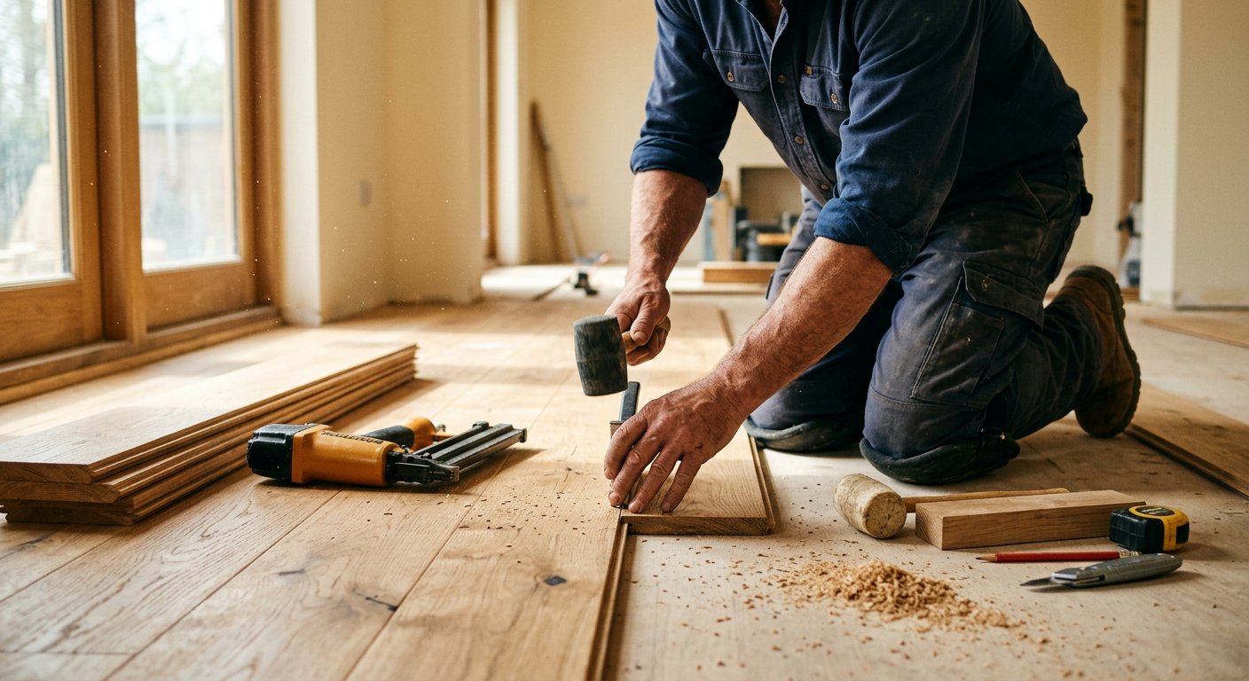 A craftsman installing oak flooring in warm light