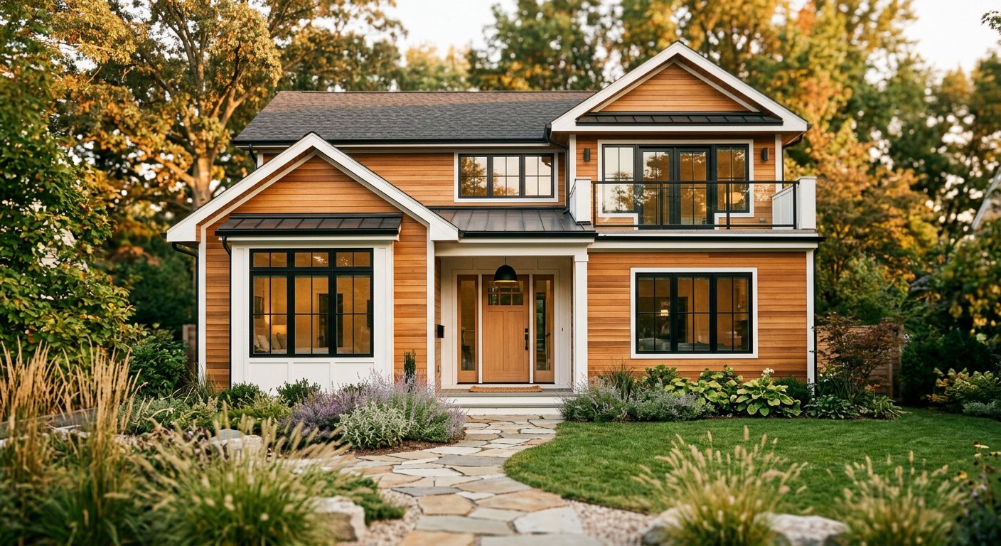 A beautifully renovated home exterior at golden hour