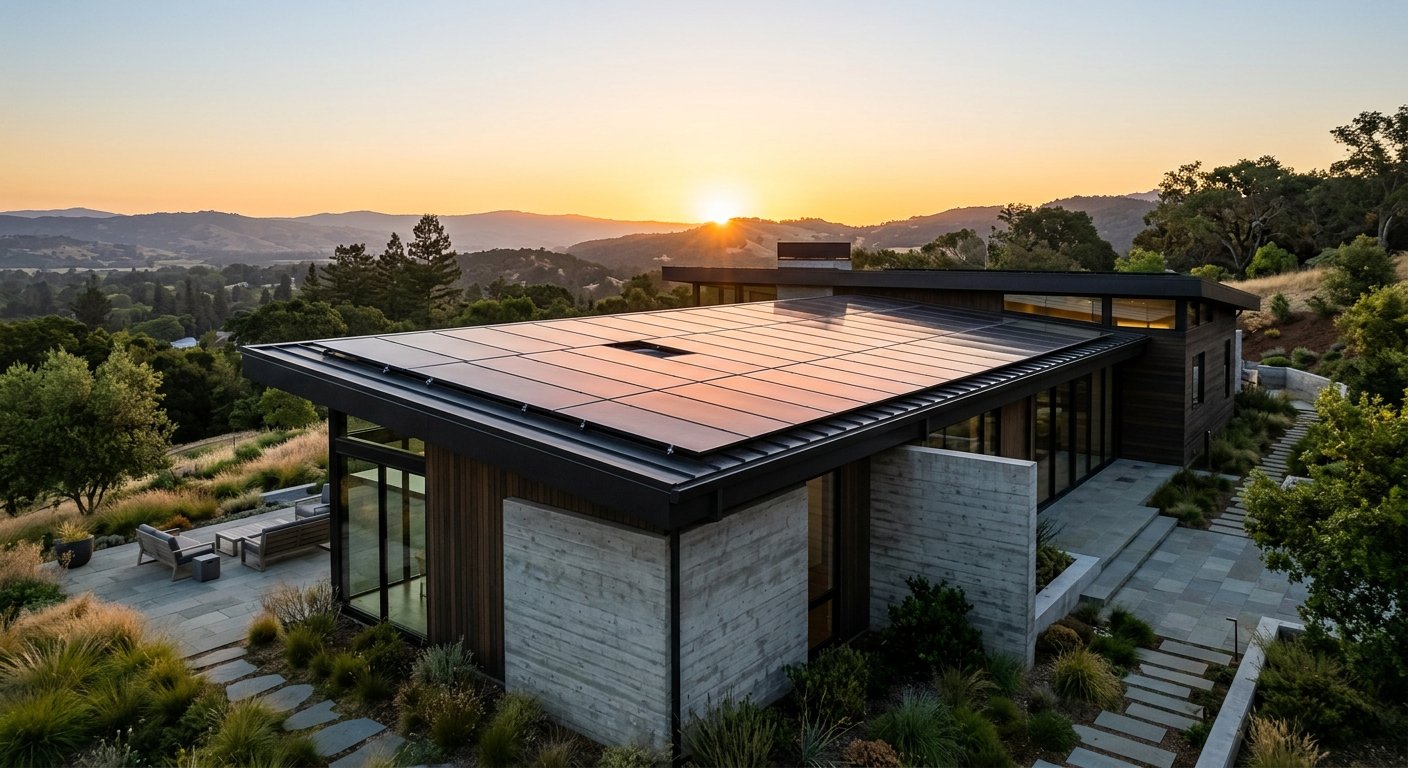 Solar panels on a renewed roof at sunrise